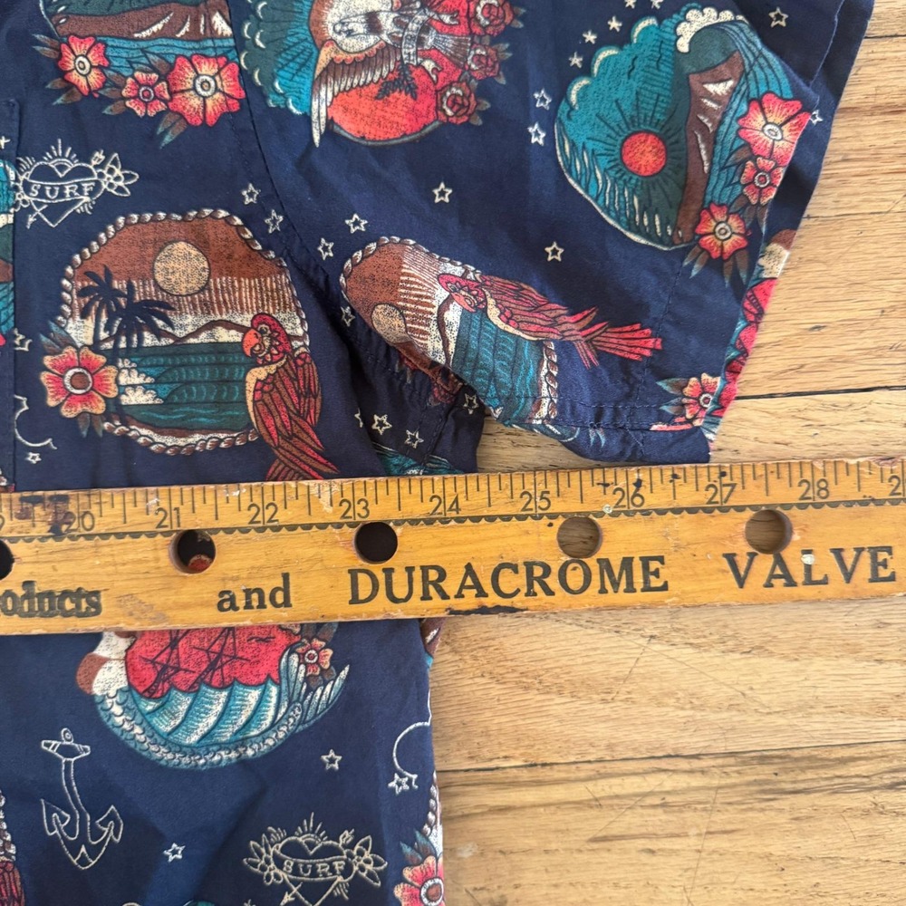 Hurley Mens XL Navy Blue Nautical Tattoo Print Short Sleeve Button Down Shirt - Picture 3 of 6